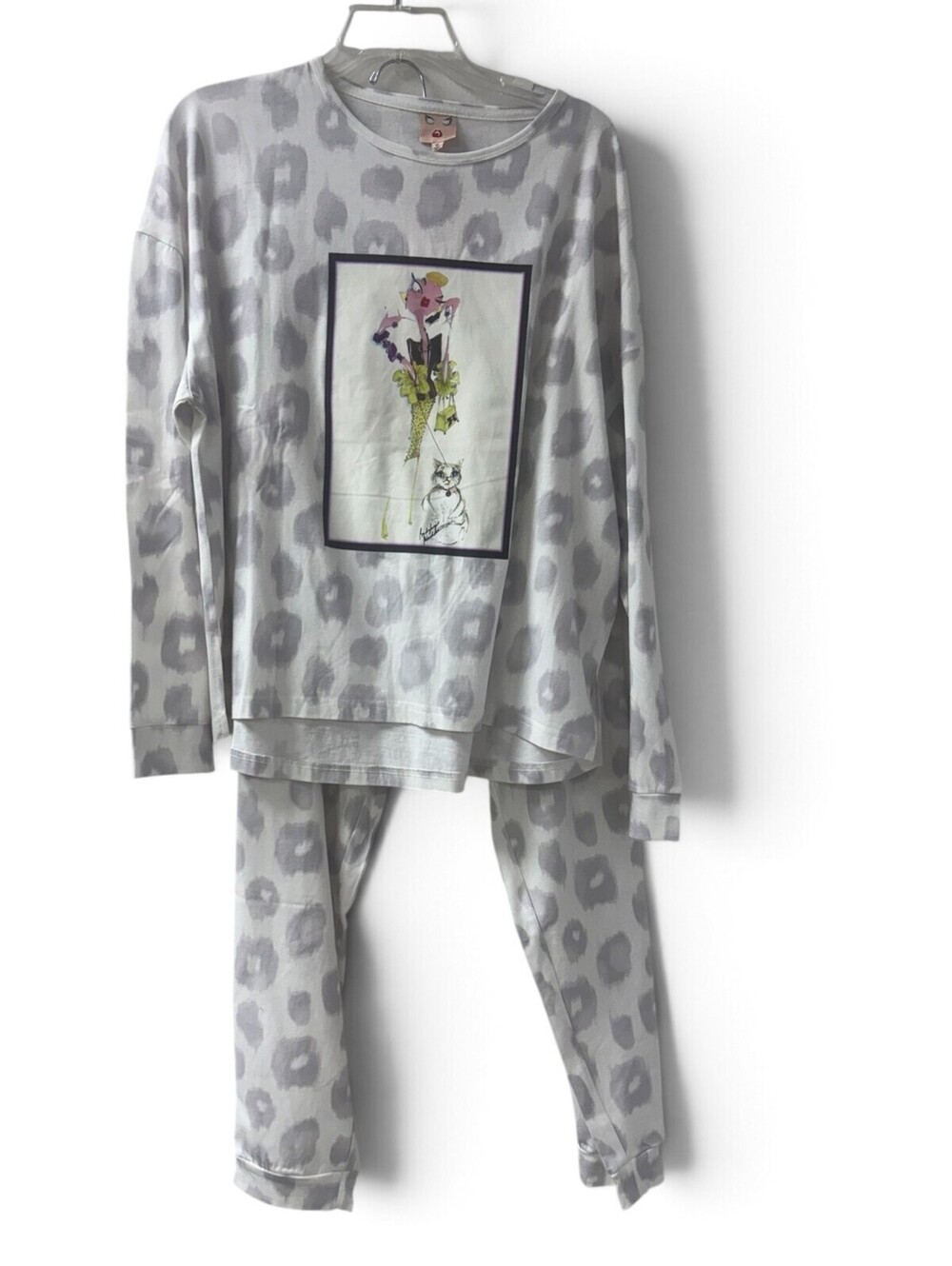 NWT Badgley Mischka Sz 3X Grey Leopard 2-Piece Pajama Set with Fashion Graphic